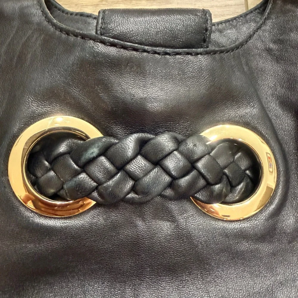 Michael Kors Black Leather Braided Hobo Shoulder Bag Gold Hardware Tassel Large